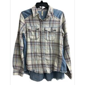 Free People Western Denim Plaid Button up Long sleeves Shirt Size Small (s/p)